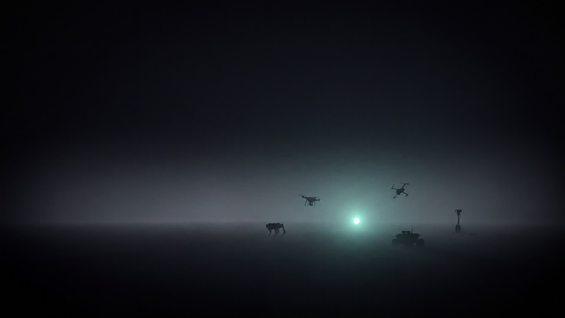 A single point of teal light in darkness and fog, with the silhouettes of several different machines gathered loosely around it: two aircraft aloft, a four-legged walking robot, a ground vehicle and a sensor mast.